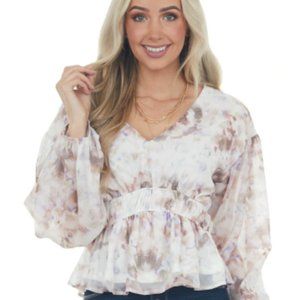 Ivory Abstract Print Bubble Sleeve Blouse